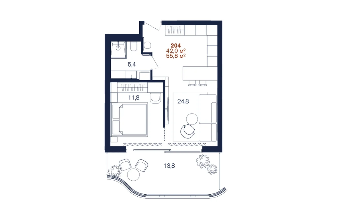 Планировка 1-комнатной 42,0 м² в Benefit Sea Breeze