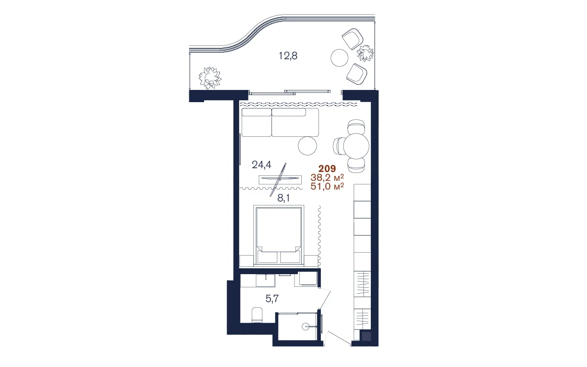 Планировка 1-комнатной 38,2 м² в Benefit Sea Breeze