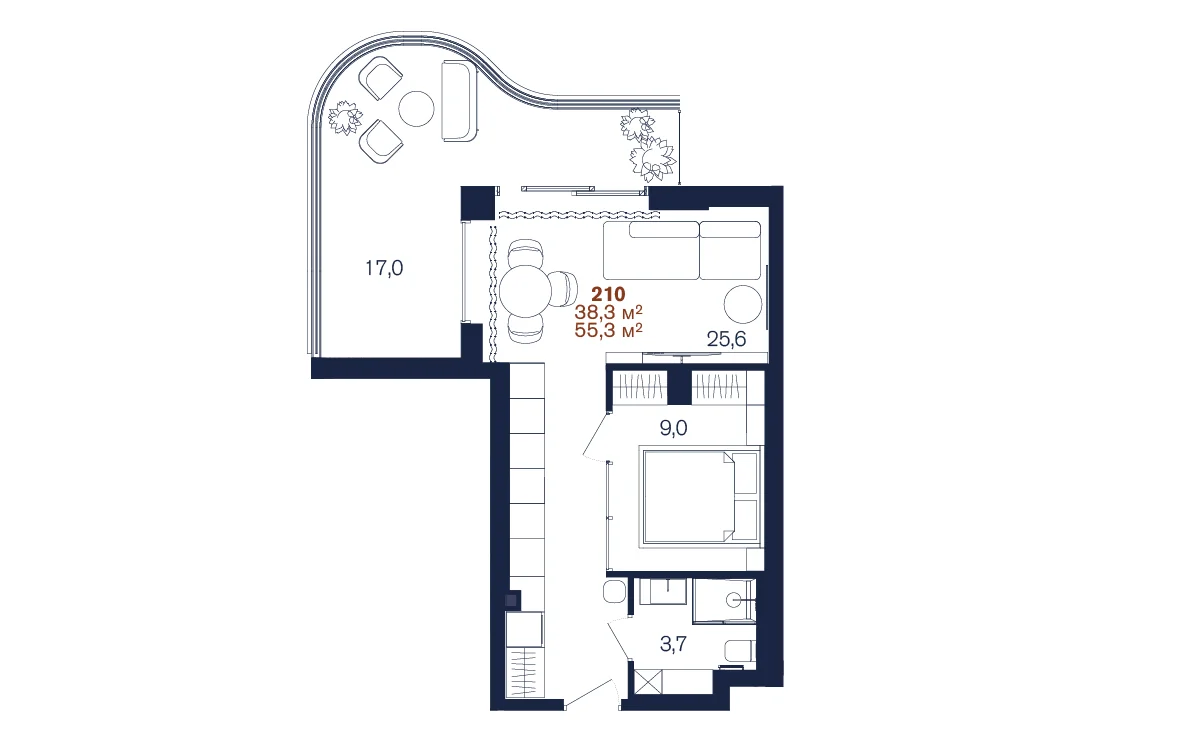 Планировка 1-комнатной 38,3 м² в Benefit Sea Breeze