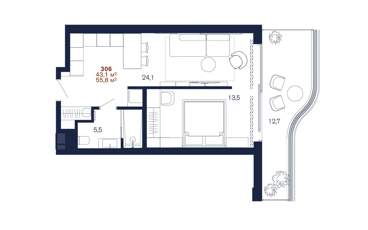 Планировка 1-комнатной 43,1 м² в Benefit Sea Breeze