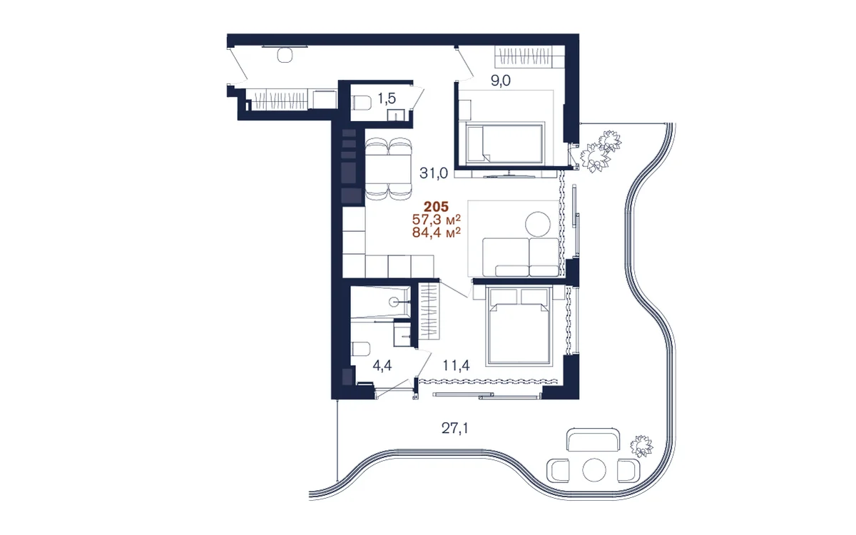 Планировка 2-комнатной 57,3 м² с двумя спальнями в Benefit Sea Breeze