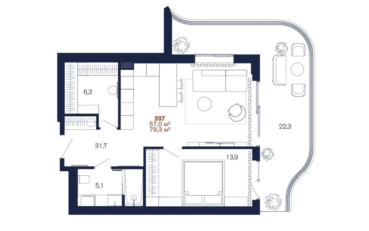 Планировка 2-комнатной 57,0 м² европланировка в Benefit Sea Breeze