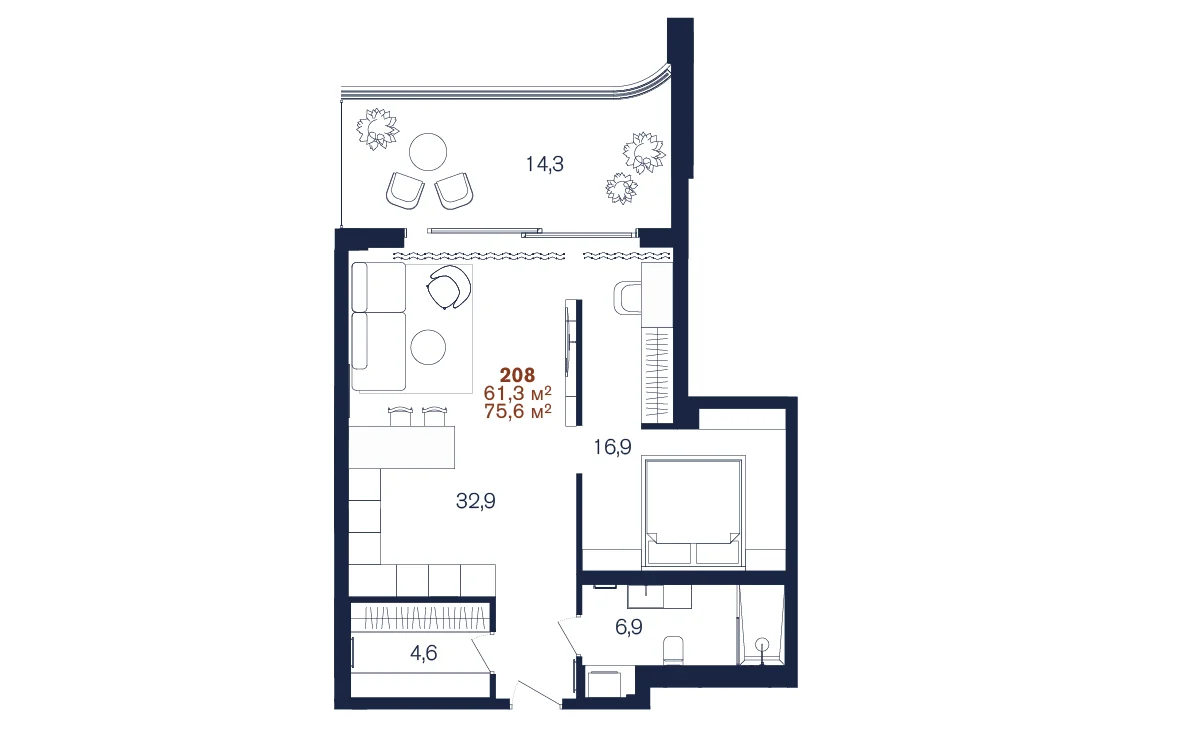 Планировка 2-комнатной 61,3 м² европланировка в Benefit Sea Breeze