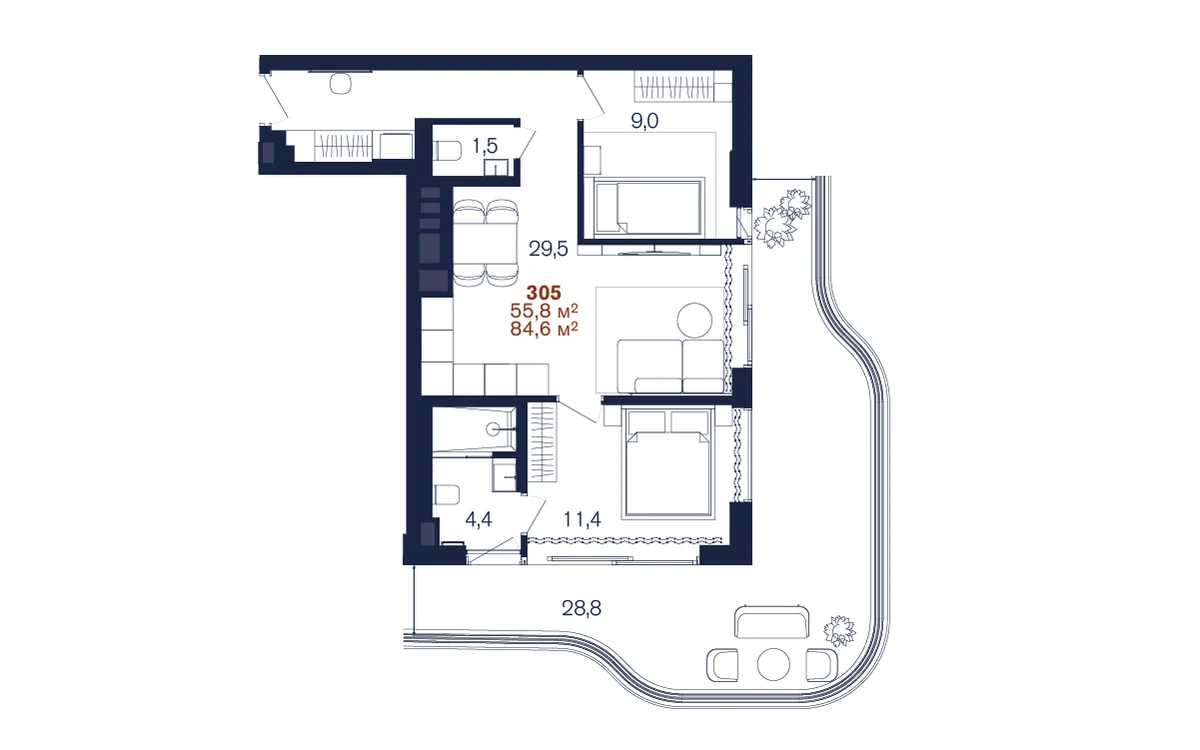 Планировка 2-комнатной 55,8 м² с двумя спальнями в Benefit Sea Breeze