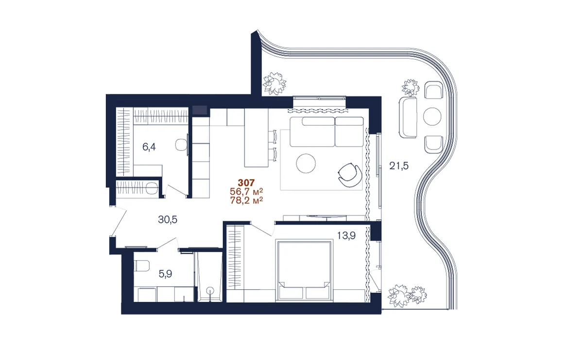 Планировка 2-комнатной 56,7 м² европланировка в Benefit Sea Breeze