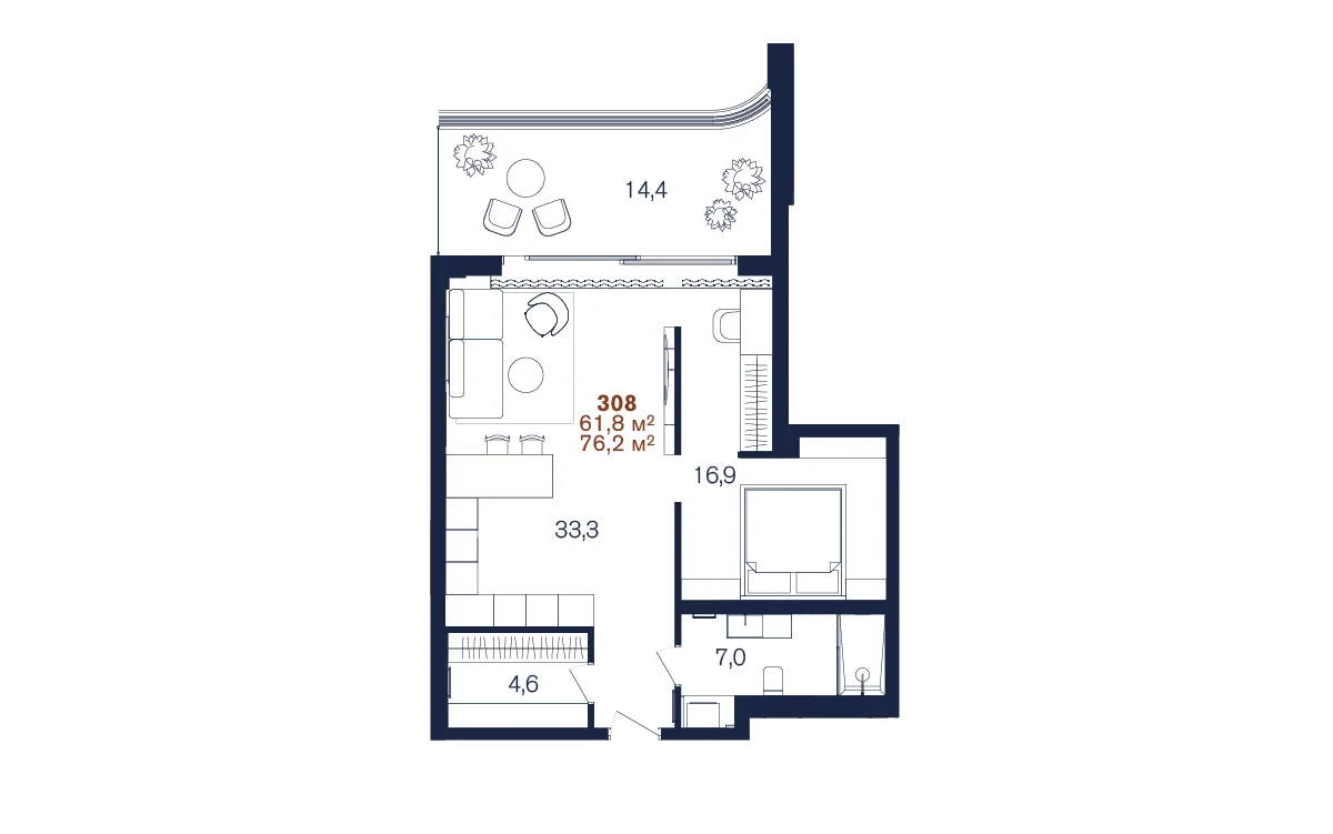 Планировка 2-комнатной 61,8 м² европланировка в Benefit Sea Breeze